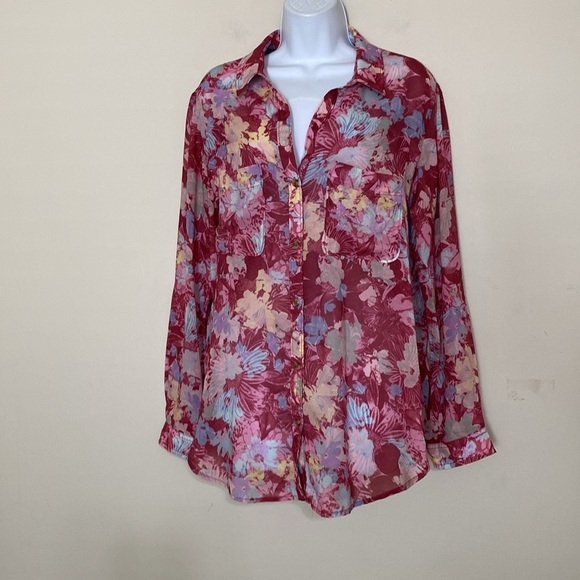 Pilcro Anthropologie Floral Women M Top blouse button down Red Pink fairy boho - Picture 7 of 7